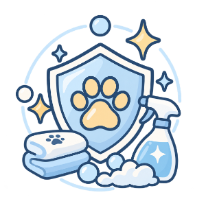 Illustrated shield with a paw print, towel, and spray bottle icon