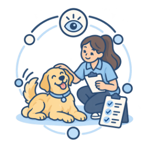 Illustrated staff member checking a dog with a clipboard