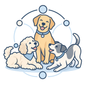 Illustrated group of three different dog breeds together