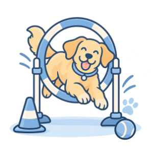 Illustrated dog jumping through an agility hoop