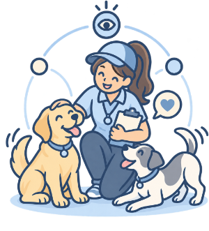 Illustrated staff member caring for two dogs with a clipboard